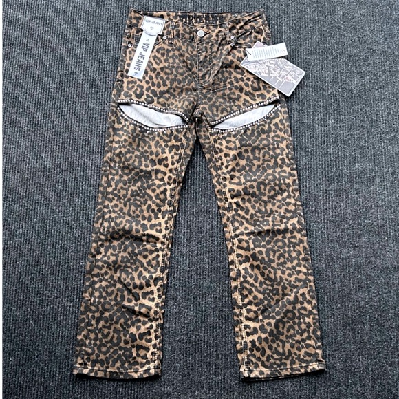 VIP Jeans‎ Leopard Print Rhinestone Cut Out Skinny Jeans Size 7 Y2K Bold Glam - Picture 1 of 8